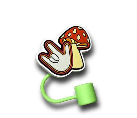 Reusable Silicone Straw Toppers – Custom Cap with Funky Mushroom Hand Design