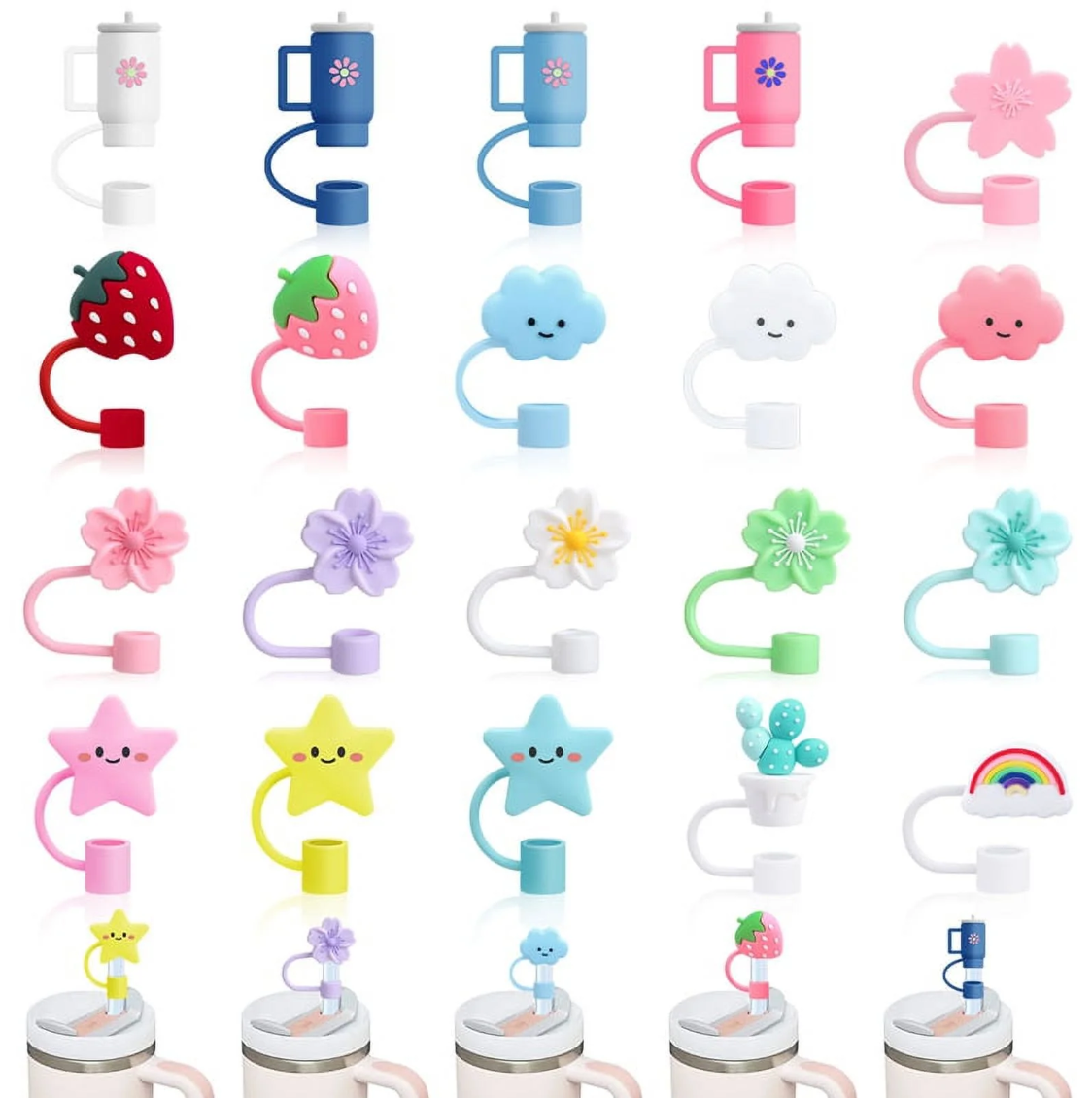 20-Pack Silicone Straw Caps | Reusable 10 mm Cartoon Toppers for 30–40 oz Cups