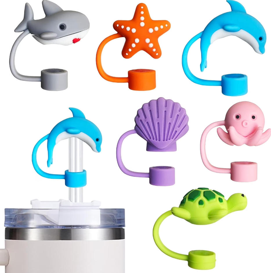 6-Pack Cute Ocean Animal Straw Covers | Fits Stanley 30/40 Oz Tumblers | Dustproof Silicone Tips for Reusable Straws