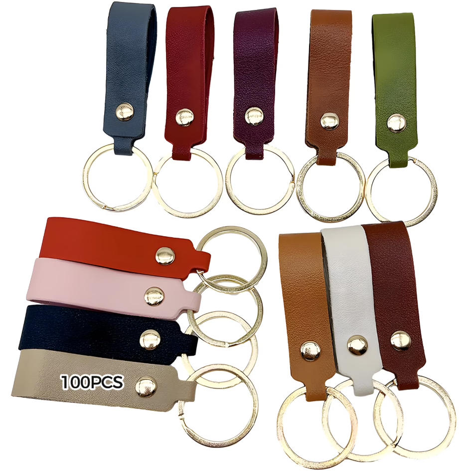 100x PU Leather Keychains – Mixed Colours, DIY & Gift-Ready