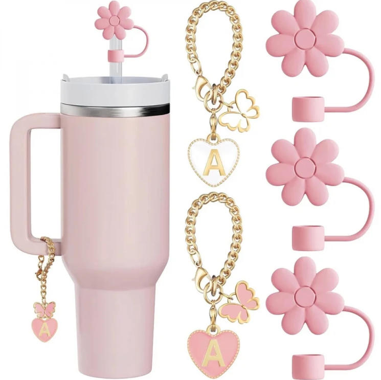 5-Pack Silicone Straw Toppers & Letter Charms for Stanley Cups