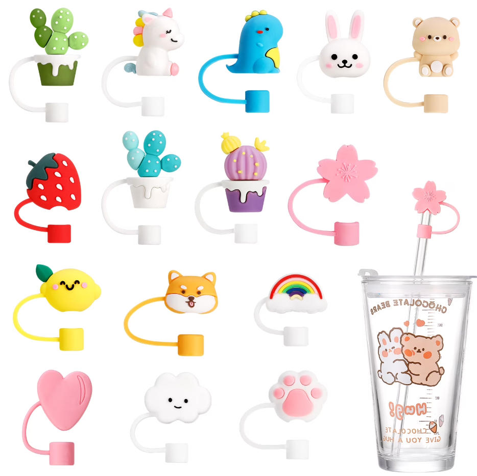 15-Pack Cute Silicone Straw Covers – Fits 7–8mm Straws